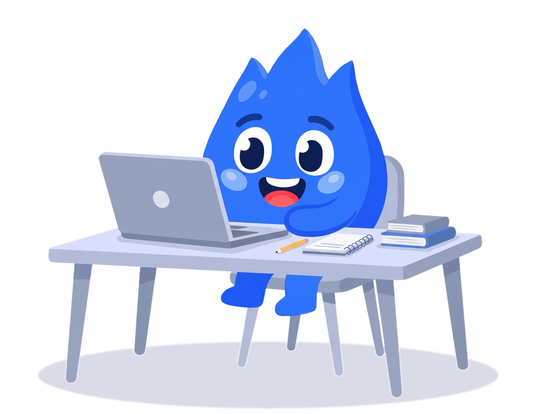 Remmy the mascot at a desk with a laptop, ready to record
