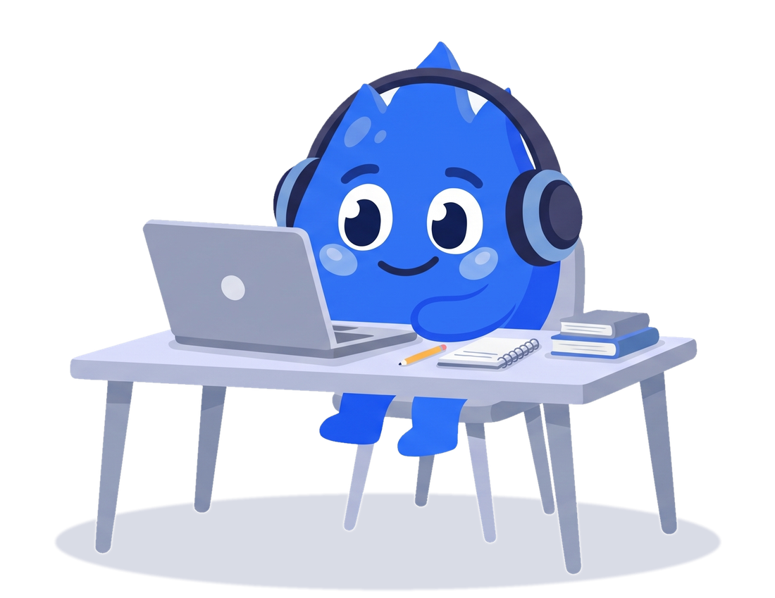 Remmy the mascot listening to a lecture with headphones on