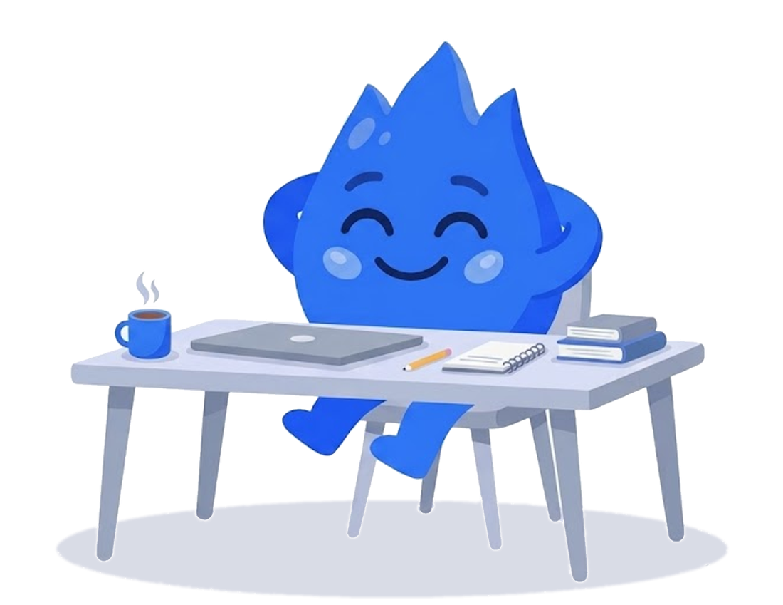 Remmy the mascot relaxing at a desk with a cup of coffee because the notes are ready