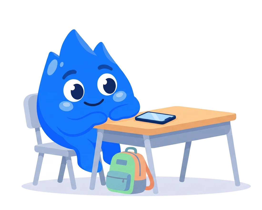 Remmy the mascot sitting at a desk in a lecture with a tablet in front of them